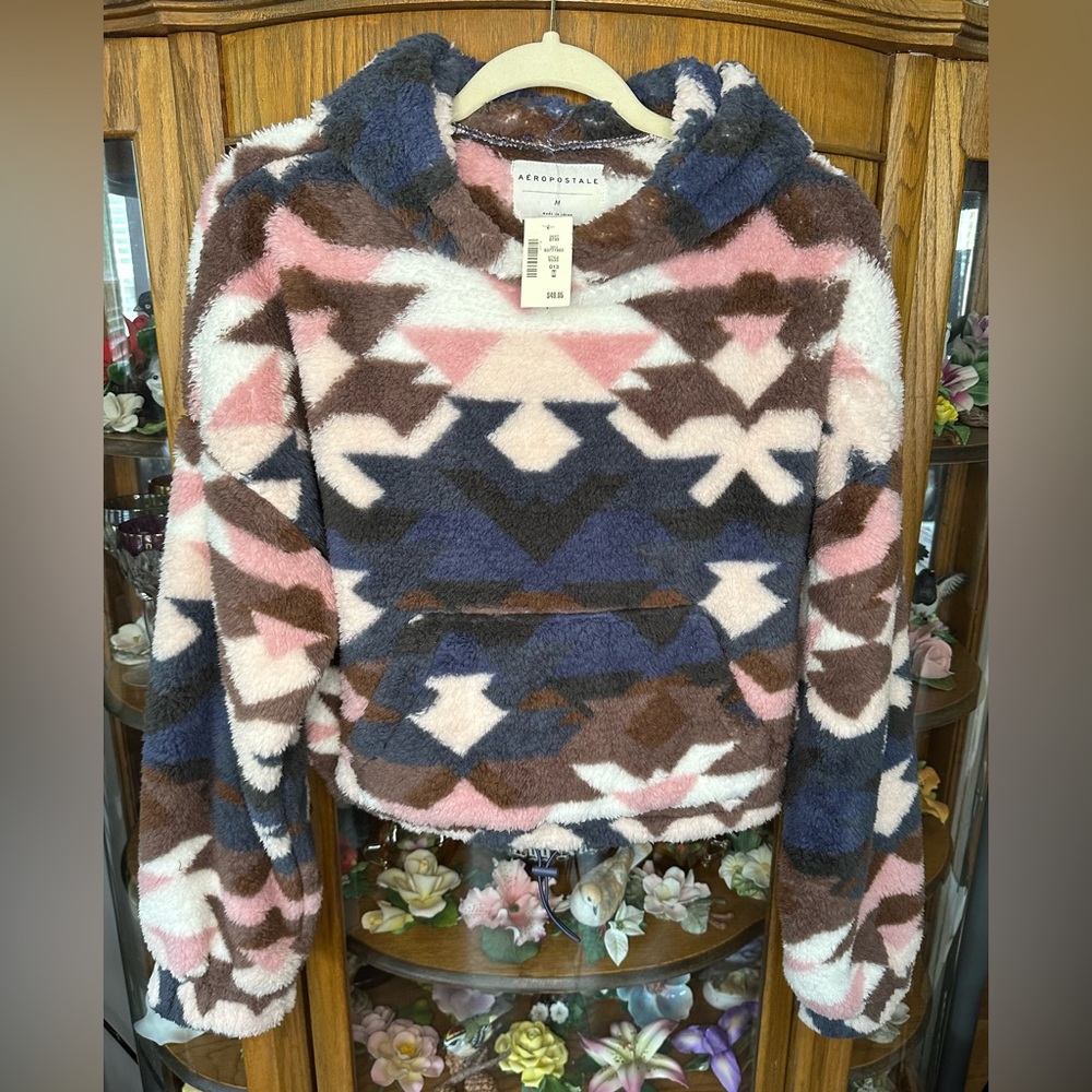 Aeropostale Geometric Cozy Mock-Neck Sherpa Fleece Pullover Hoodie New Size M